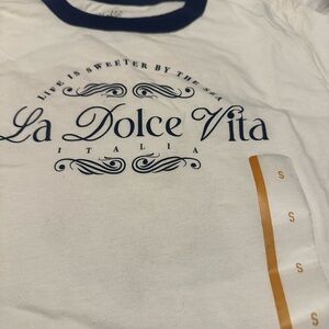 Mighty Fine White Tee with Navy Ringer Collar